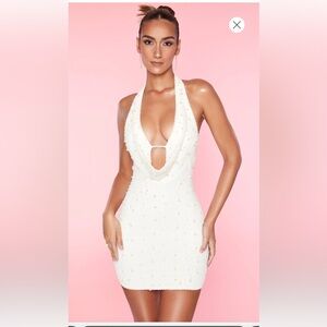 VERSAILLES
Deep Plunge Embellished Mini Dress in White. Brand new with tags!